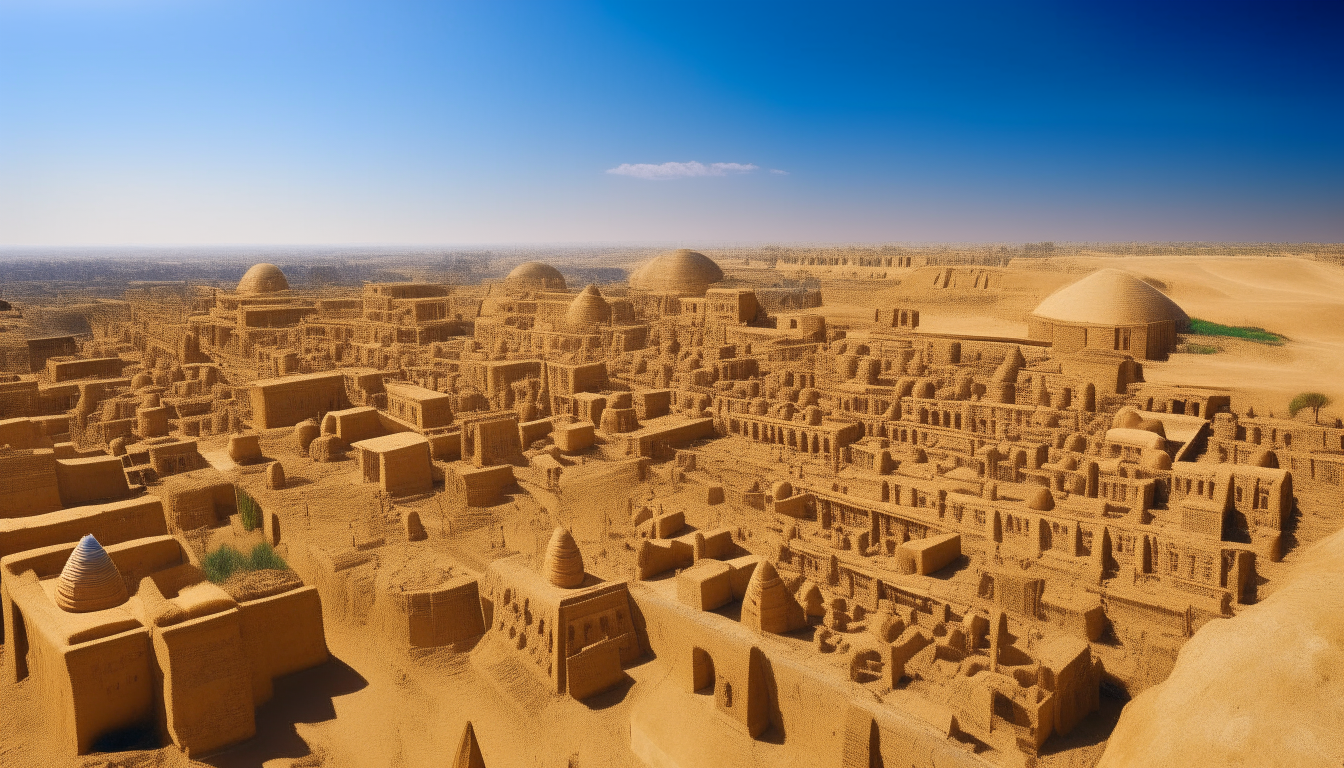 An ancient Sumerian city with temples, palaces and houses built from mud bricks, bustling with activity under a bright blue sky