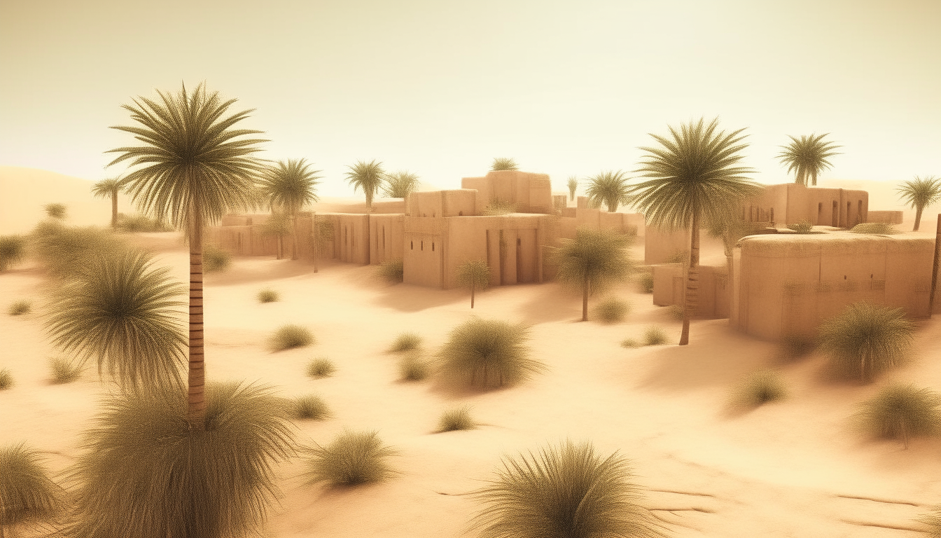 The same ancient Sumerian city scene with sparse desert vegetation - palm trees, shrubs and patches of grass amidst the sand