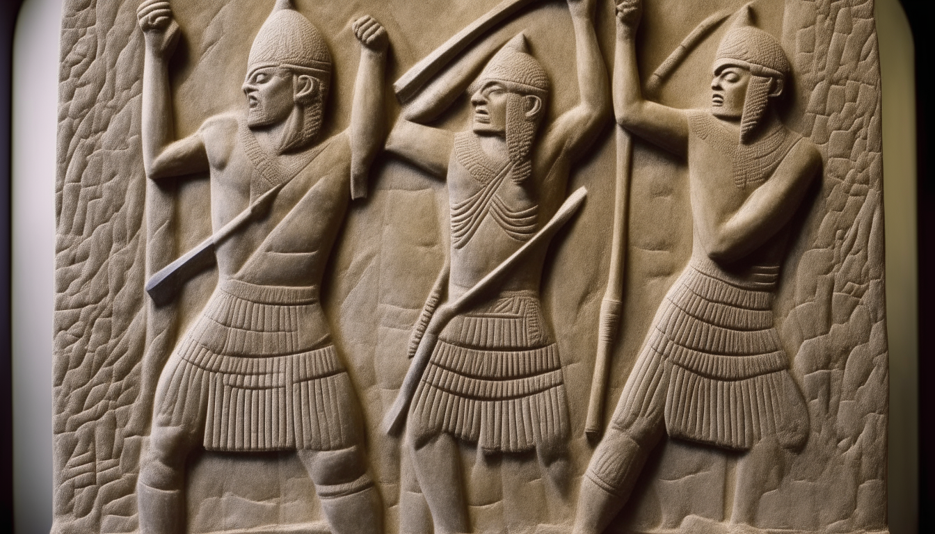 In an ancient Sumerian stone carving, warriors wield spears and axes with handles made from thick tree branches