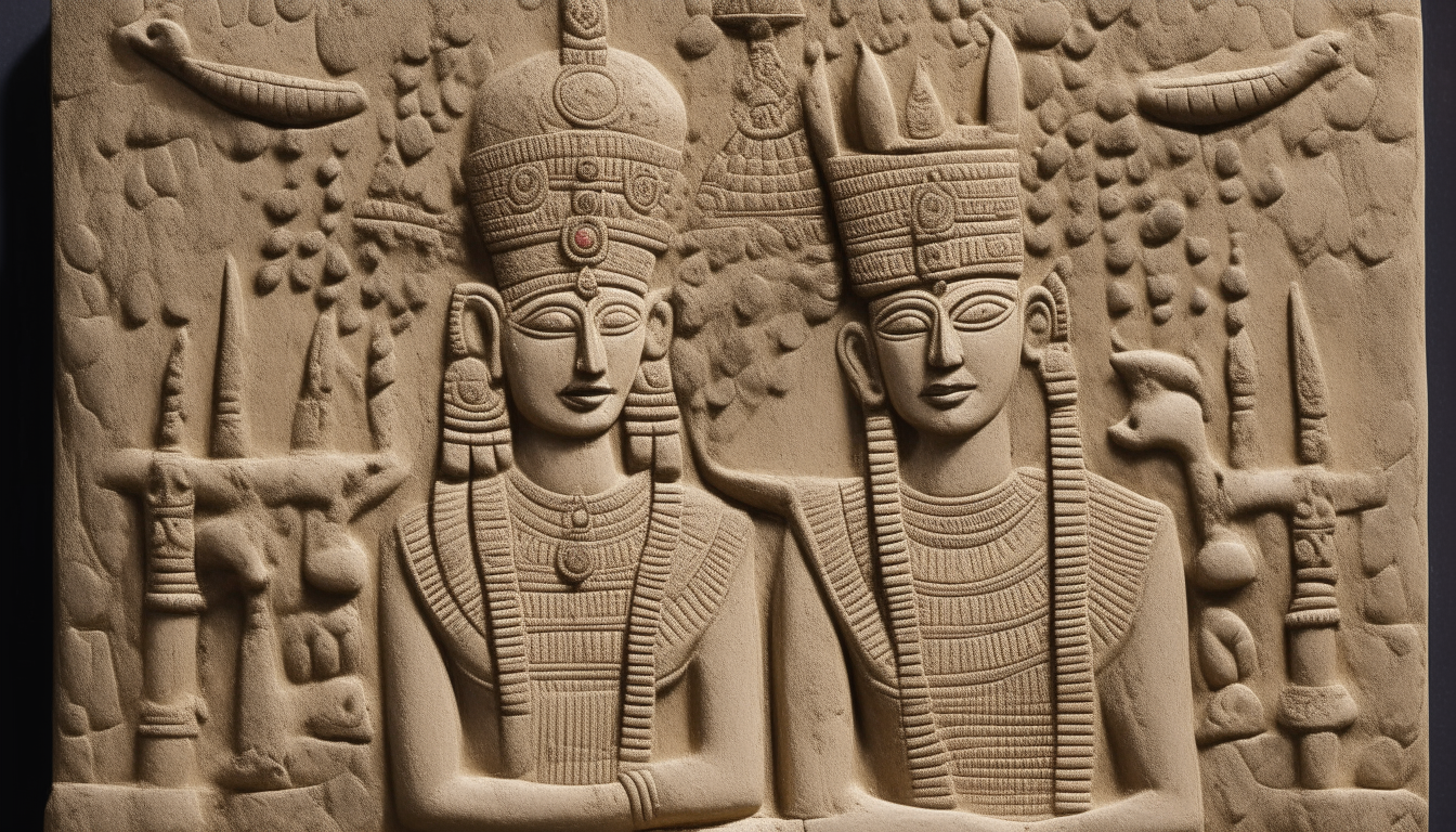 A Sumerian stone relief depicting the king wearing a horned crown sitting beside his queen who wears an ornate headdress
