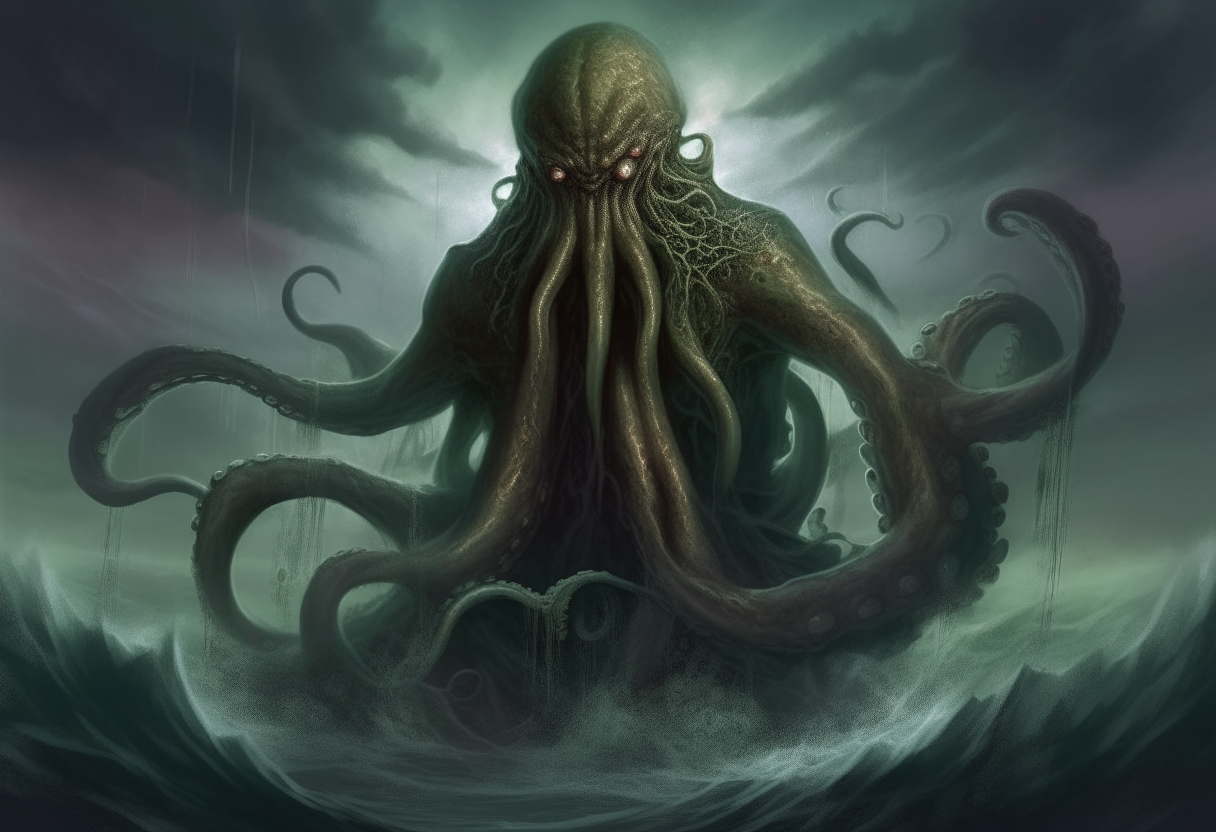 Cthulhu, the fictional cosmic entity, rising from the depths of the dark, stormy ocean in his classic octopus-dragon-humanoid form, with great horrific detail