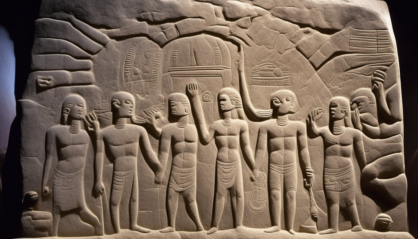 A stone carving shows figures celebrating during Nibiru's closest and farthest points from the sun
