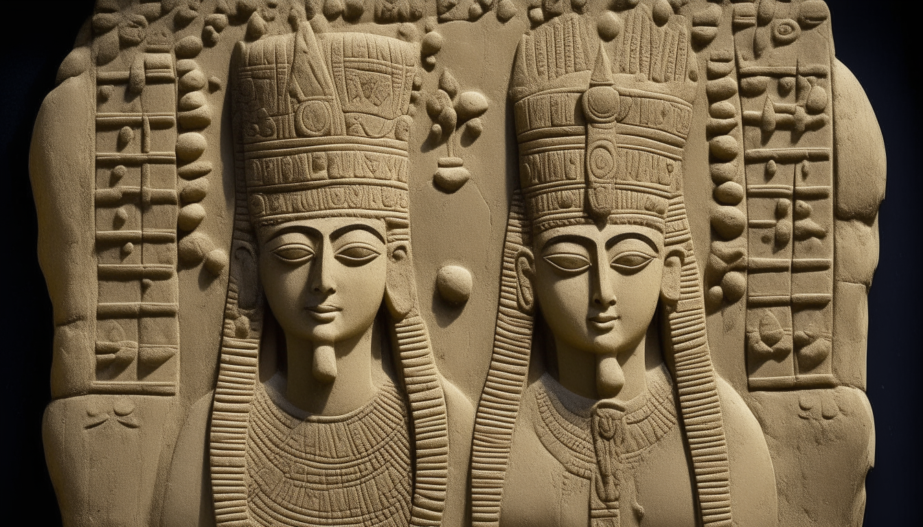 A regal stone relief portrait depicts the Sumerian king Anshargal wearing a horned crown beside his half-sister queen Kishargal in an ornate headdress