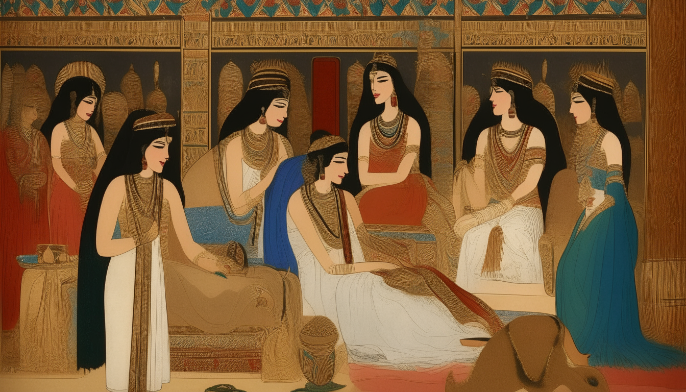 Concubines attend to the Sumerian queen Kishargal and her son in the royal palace