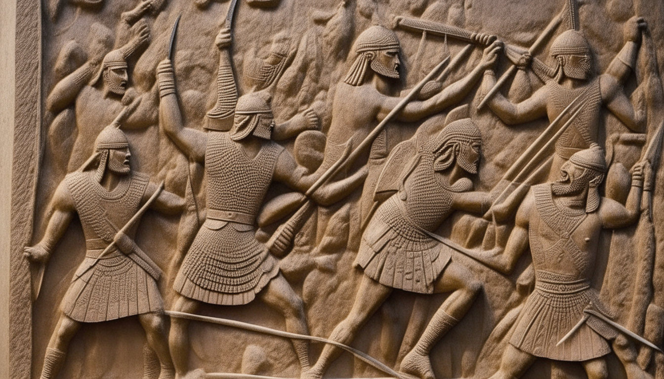 An ancient stone relief depicts Sumerian soldiers fighting with swords and spears