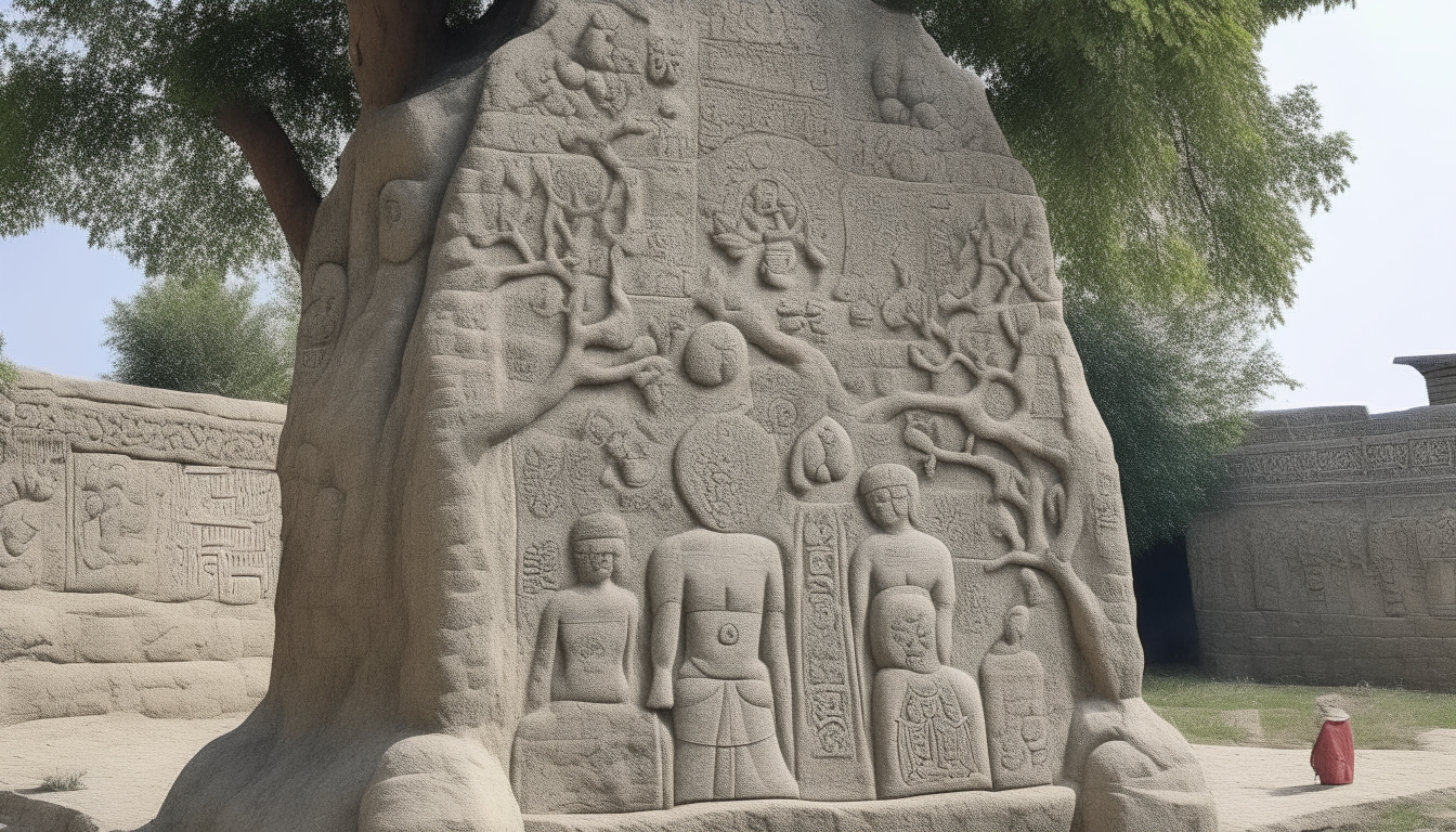 Stone carvings depict the family tree showing the relationship of King Anshargal and Queen Kishargal as half-siblings