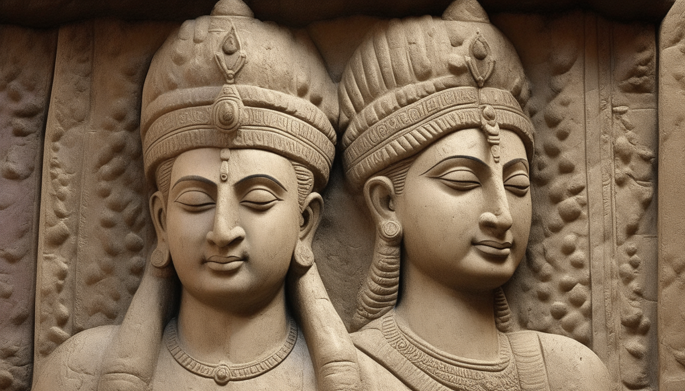 Stone relief portrait of King Anshar wearing a royal crown beside his half-sister Queen Kishar