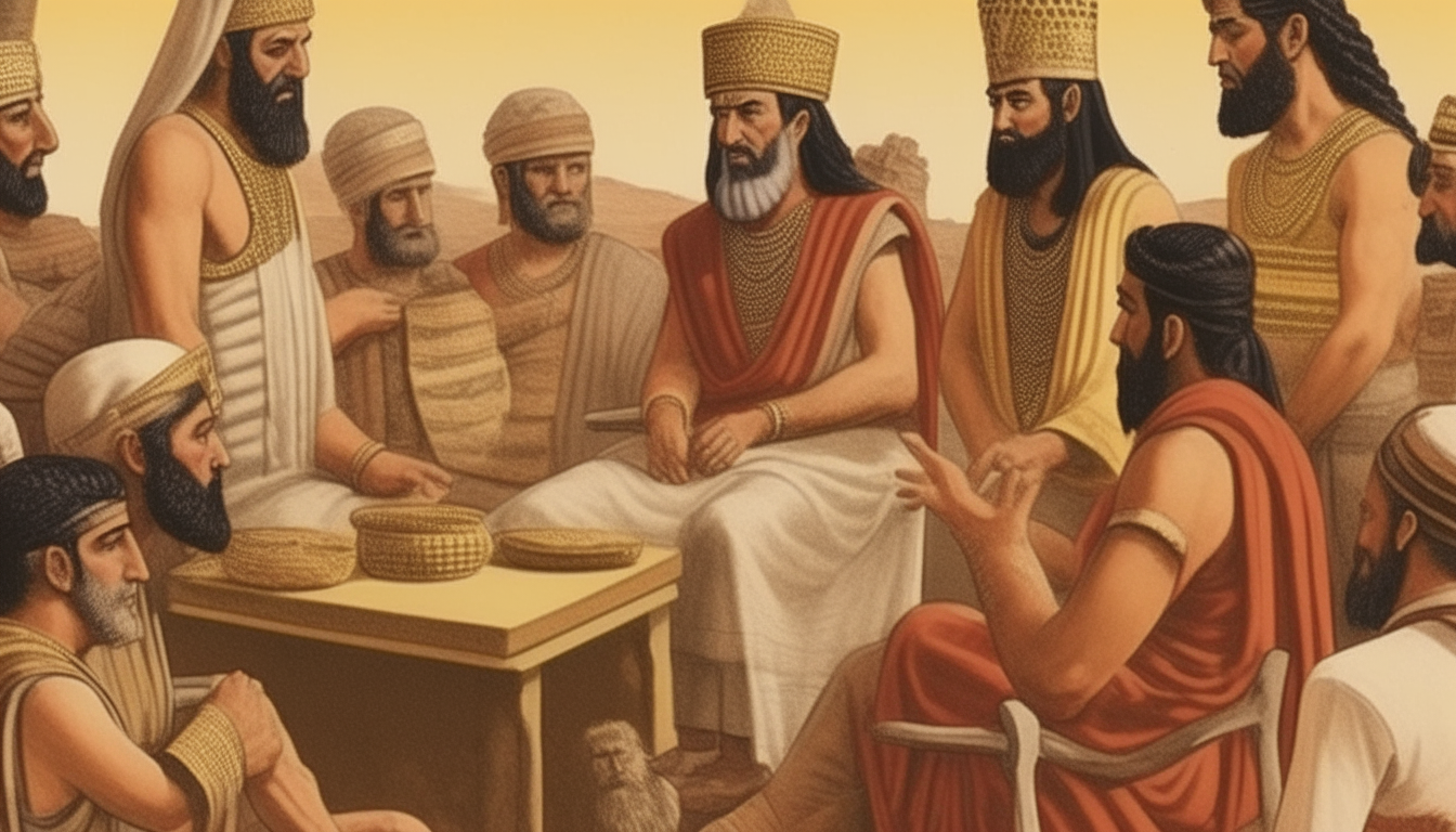 Ancient Sumerian scholars gather to discuss the cause of failing crops as King Enshar looks on