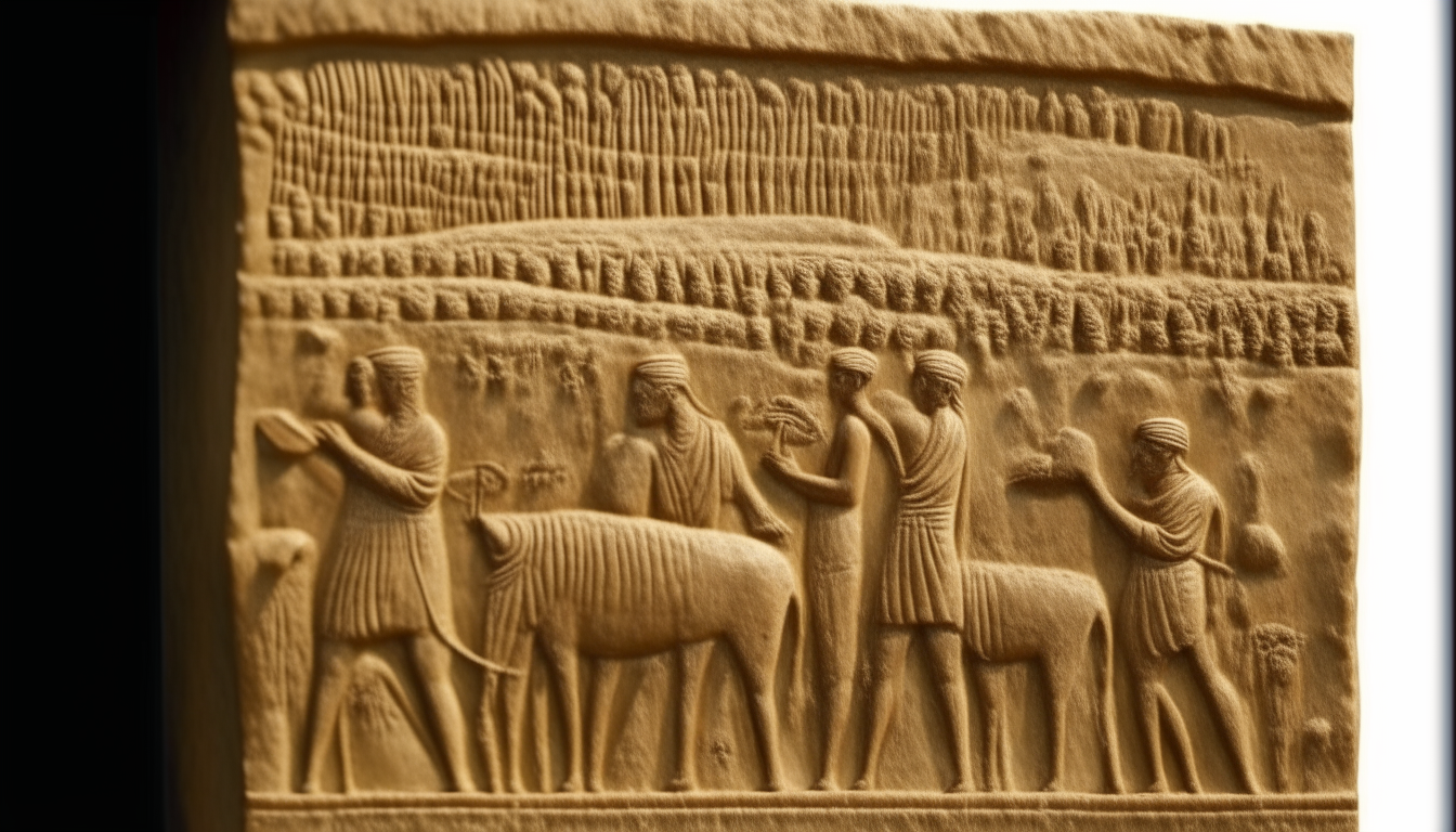 An ancient stone relief depicting Sumerian farmers irrigating fields of grain with water channeled from the Euphrates River