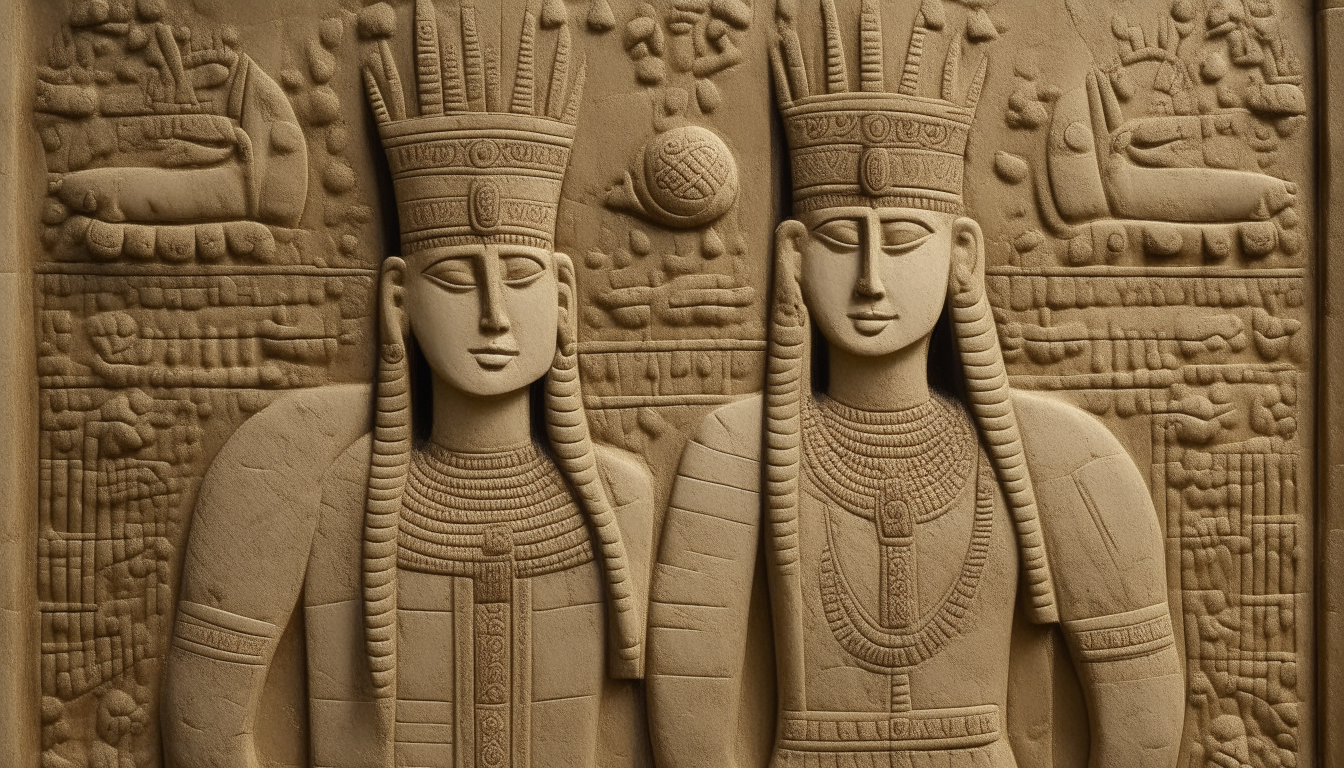 A regal stone relief portrait depicts the Sumerian king Anshargal wearing a horned crown beside his half-sister queen Kishargal in an ornate headdress, set against an intricate geometric background