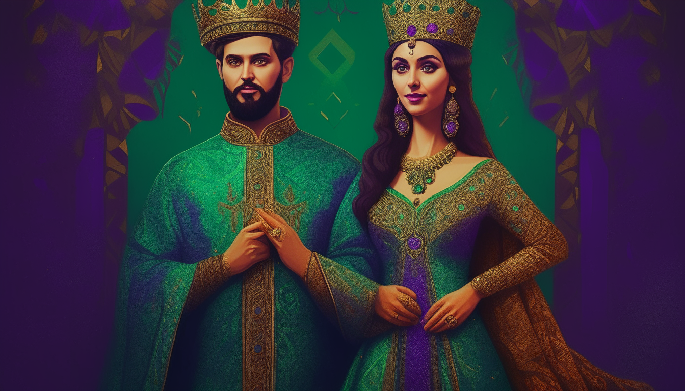 King Anshargal wearing a jewel-encrusted golden crown and Queen Kishargal in an emerald green gown with intricate geometric patterns, set against a vibrant purple and blue abstract background