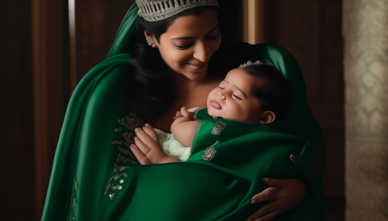 Queen Kishargal wearing an emerald green gown, smiling down at her swaddled infant she holds gently in her arms