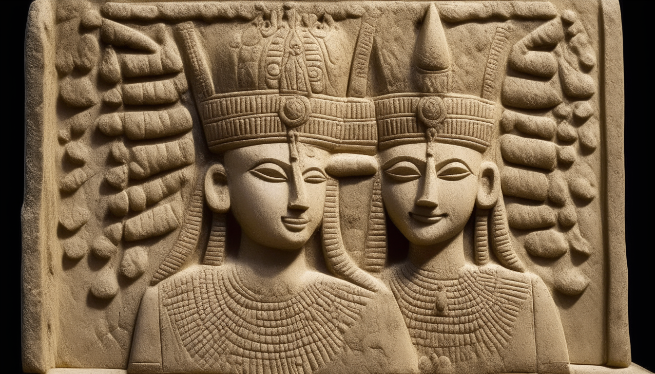 A regal stone relief depicting the Sumerian king Anshar wearing a horned crown beside his half-sister queen Kishar in an ornate headdress