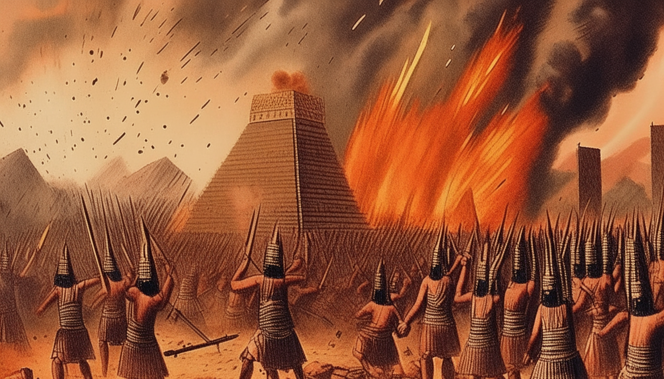 Sumerian warriors launch fiery missiles into an erupting volcano on the orders of the king