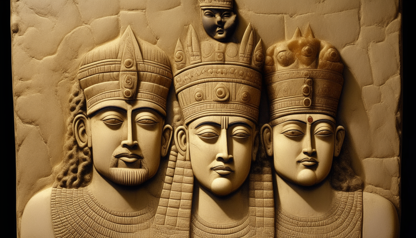 A regal stone relief portrait depicts a Sumerian king with one black parent and one white parent, wearing a golden crown with bull horns