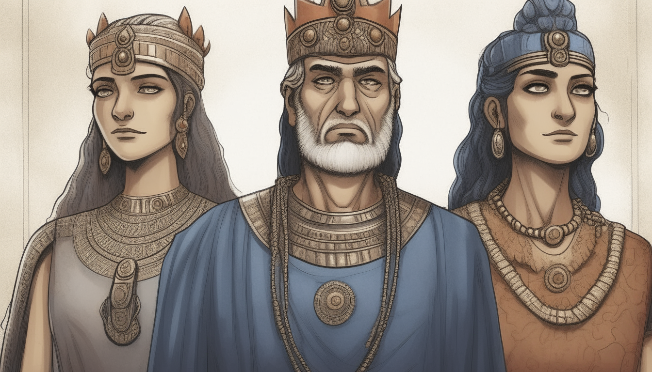 A 40 year old Sumerian king and his 40 year old queen stand regally behind their adopted teenage son wearing an ornate necklace, all with streaks of grey in their hair