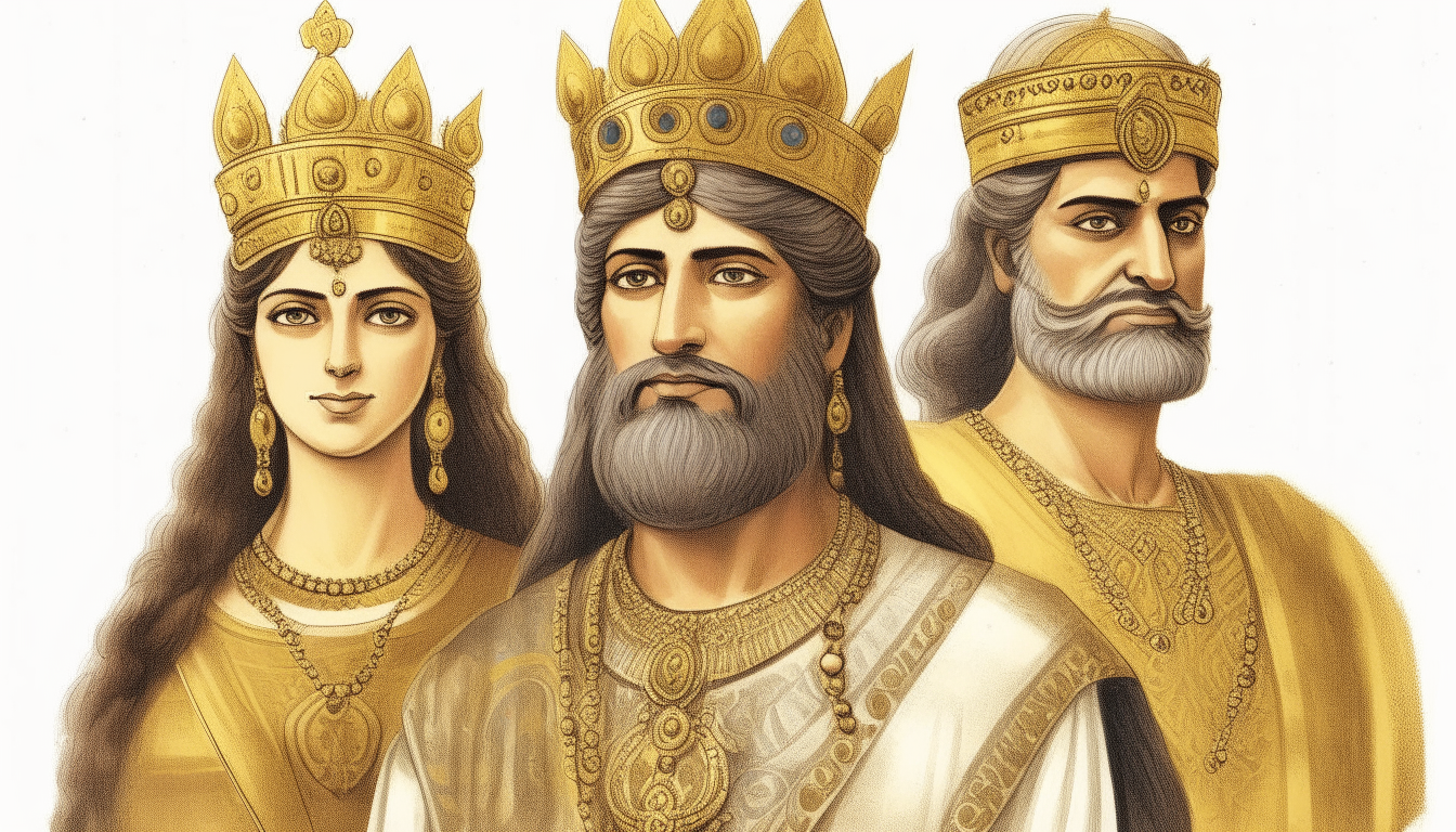 A middle aged Sumerian king and queen wearing gold crowns stand regally in front of their teenage adopted prince son who has a short beard and is wearing an ornate necklace
