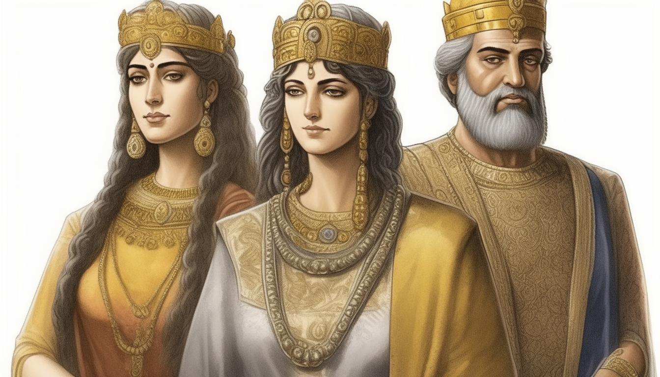 A Sumerian king and queen with grey hair and wrinkles wearing golden crowns stand beside their adopted son with a short beard, now a grown man in his 20s wearing an ornate necklace