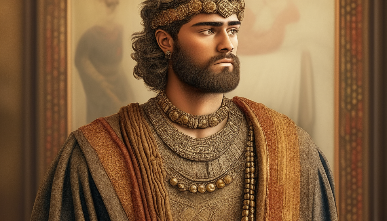 The adopted Sumerian prince's son standing alone wearing an ornate necklace, now a grown man with a short beard in his 20s
