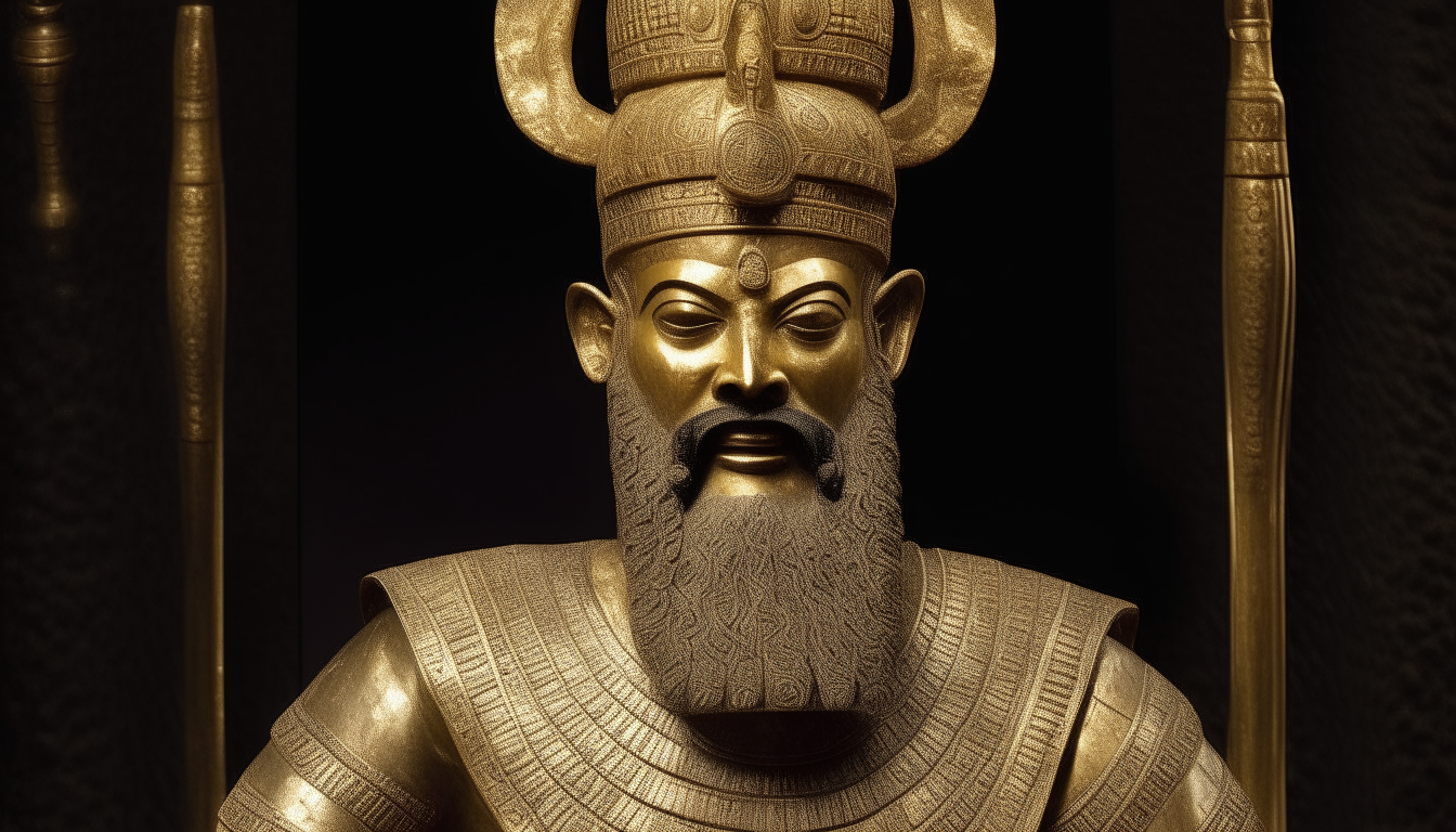 A Sumerian king stands tall wearing a horned crown and gold armor, his head held high, with a stern prideful expression on his bearded face