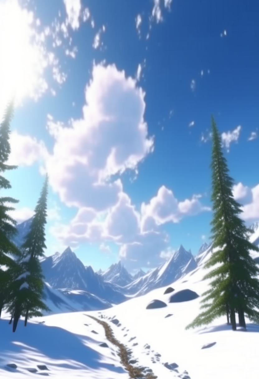 Beautiful landscape of snowy mountains seen from below, nature, swaying pine trees with a white cover of snow, 8k, award-winning, ultra detailed, ultra realistic masterpiece, maximum quality