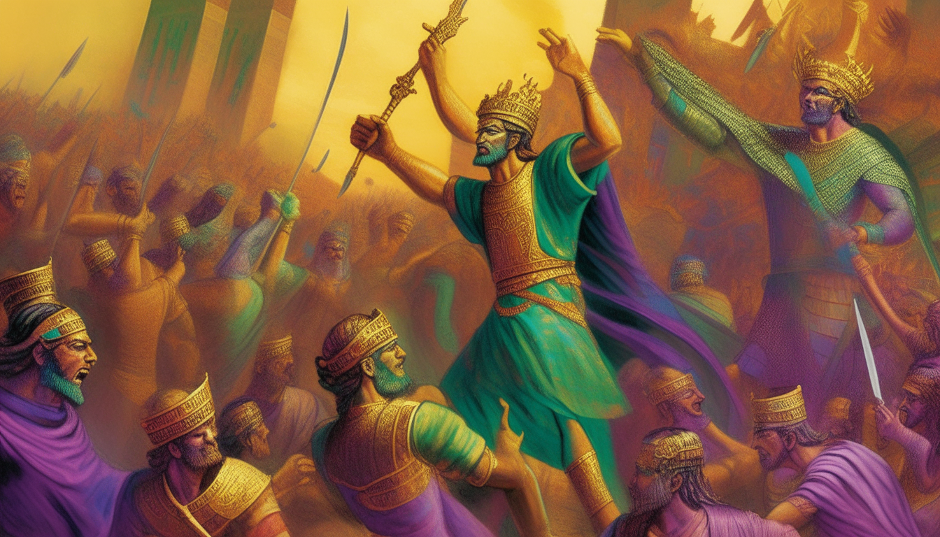 A Sumerian king wearing a jewel-encrusted golden crown battles with swords against a younger prince challenger, surrounded by a crowd of onlookers near an ancient stepped tower, vibrant purple and green abstract background
