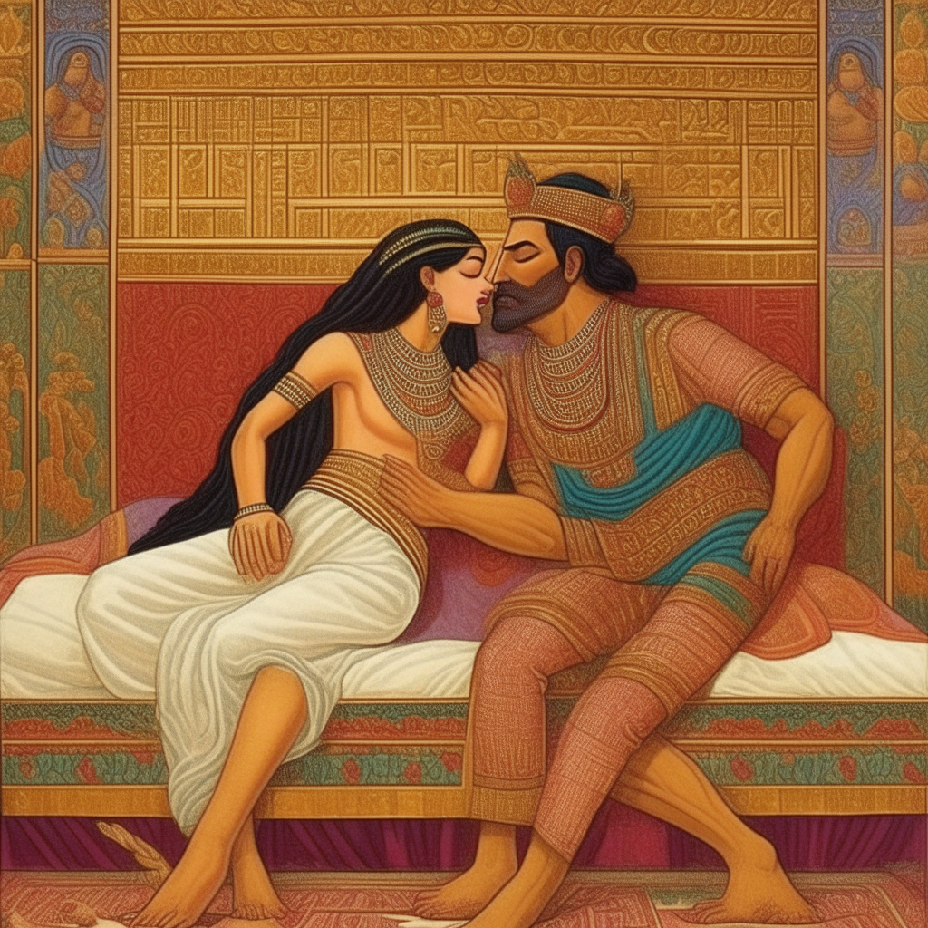 King Anshargal kissing a concubine in bed in ancient Sumerian style artwork