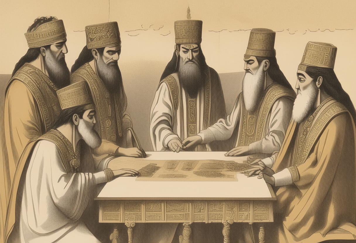 Seven Sumerian judges in traditional garb pondering a royal decree