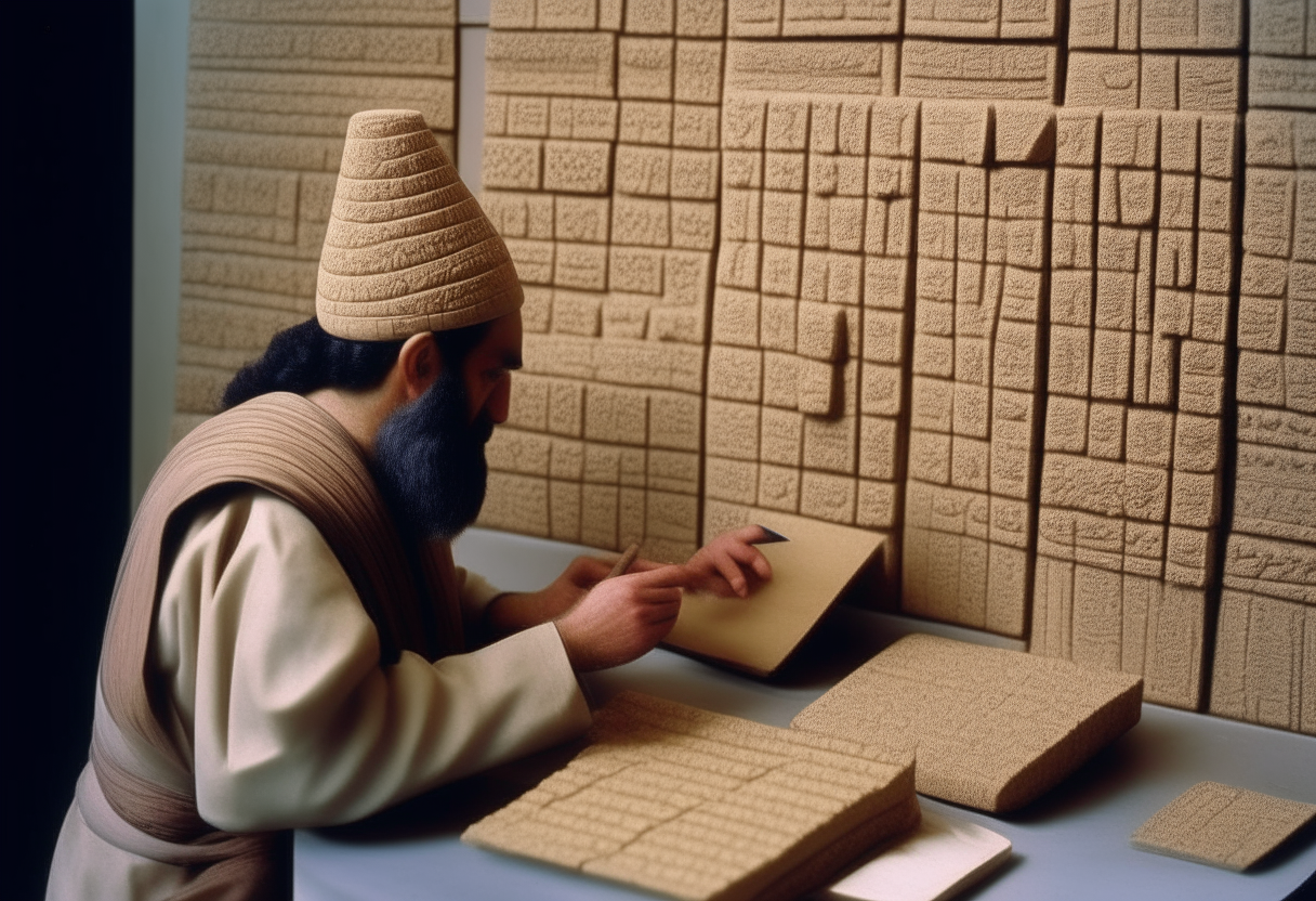 A Sumerian scribe consulting clay tablets of royal genealogy records