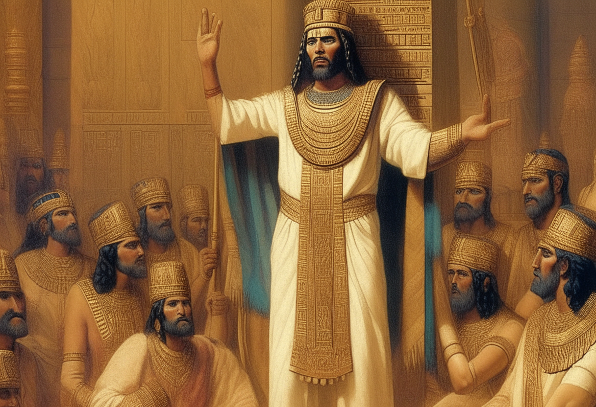 King Alalu in royal Sumerian robes proclaiming his royal ancestry