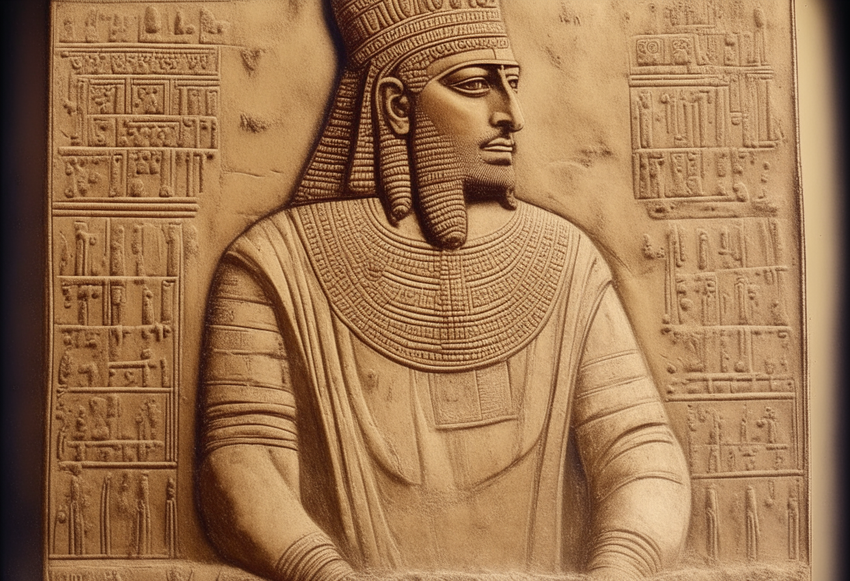 Prince Anu in royal Sumerian robes showing his lineage on a clay tablet