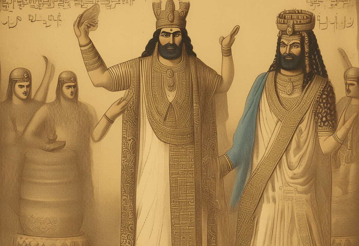 Prince Anu in Sumerian robes offering to be successor to elderly King Alalu