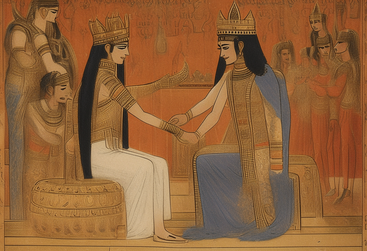 Anu as crown prince bowing before King Alalu on the Sumerian throne
