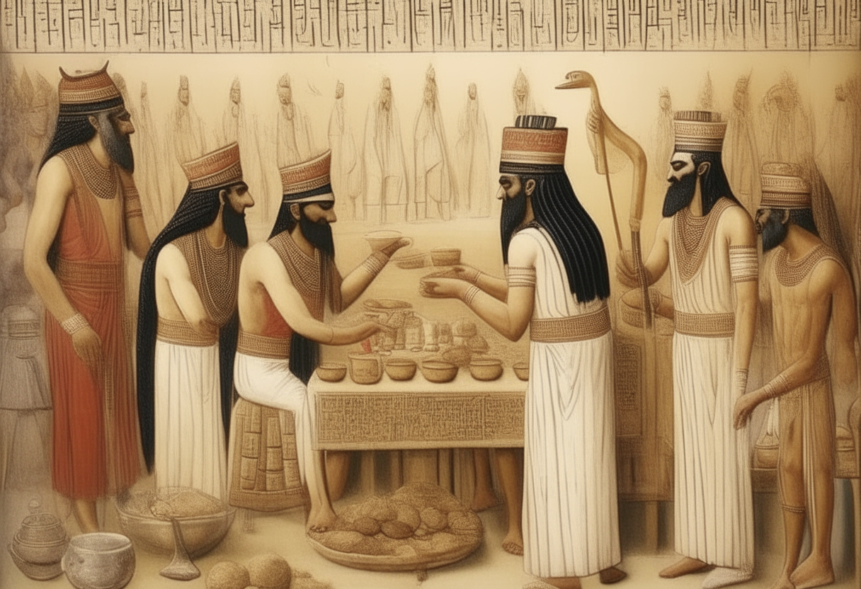 Priests making offerings to Sumerian gods to end the drought