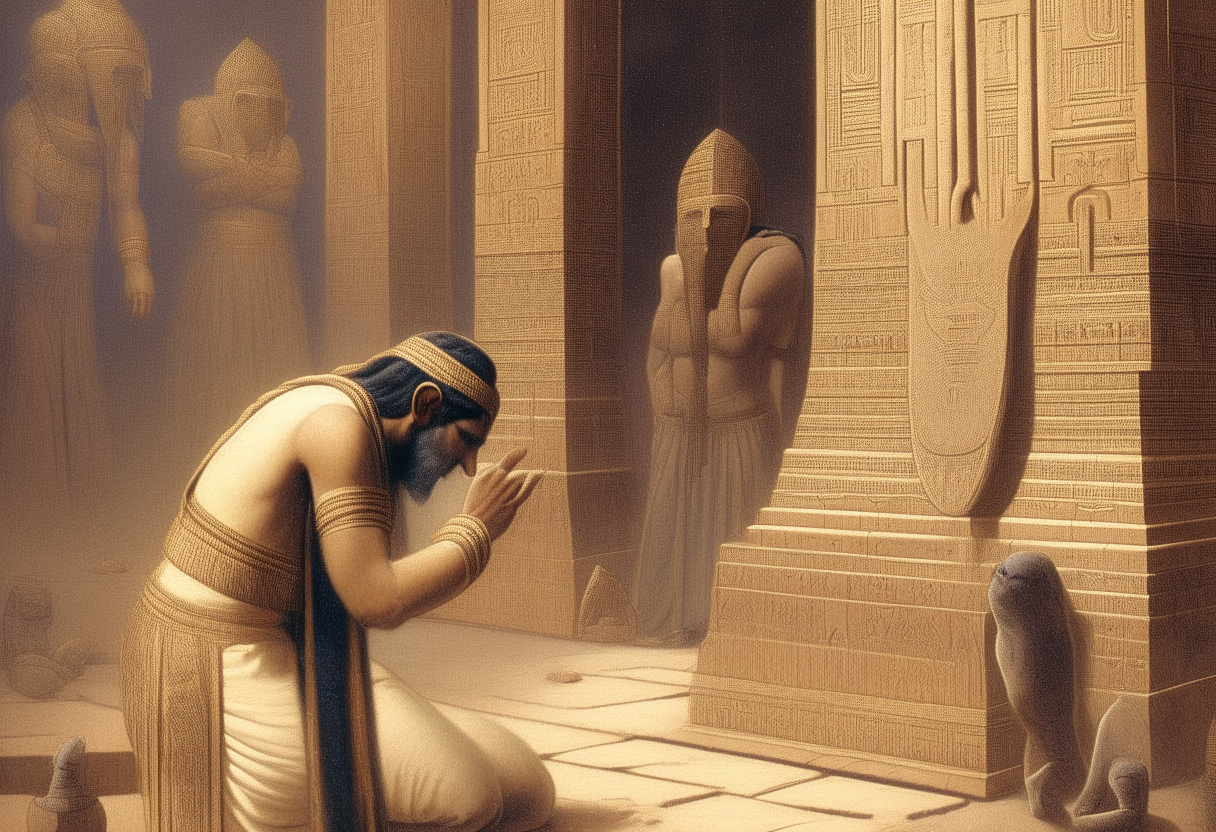King Alalu praying desperately before a Sumerian temple