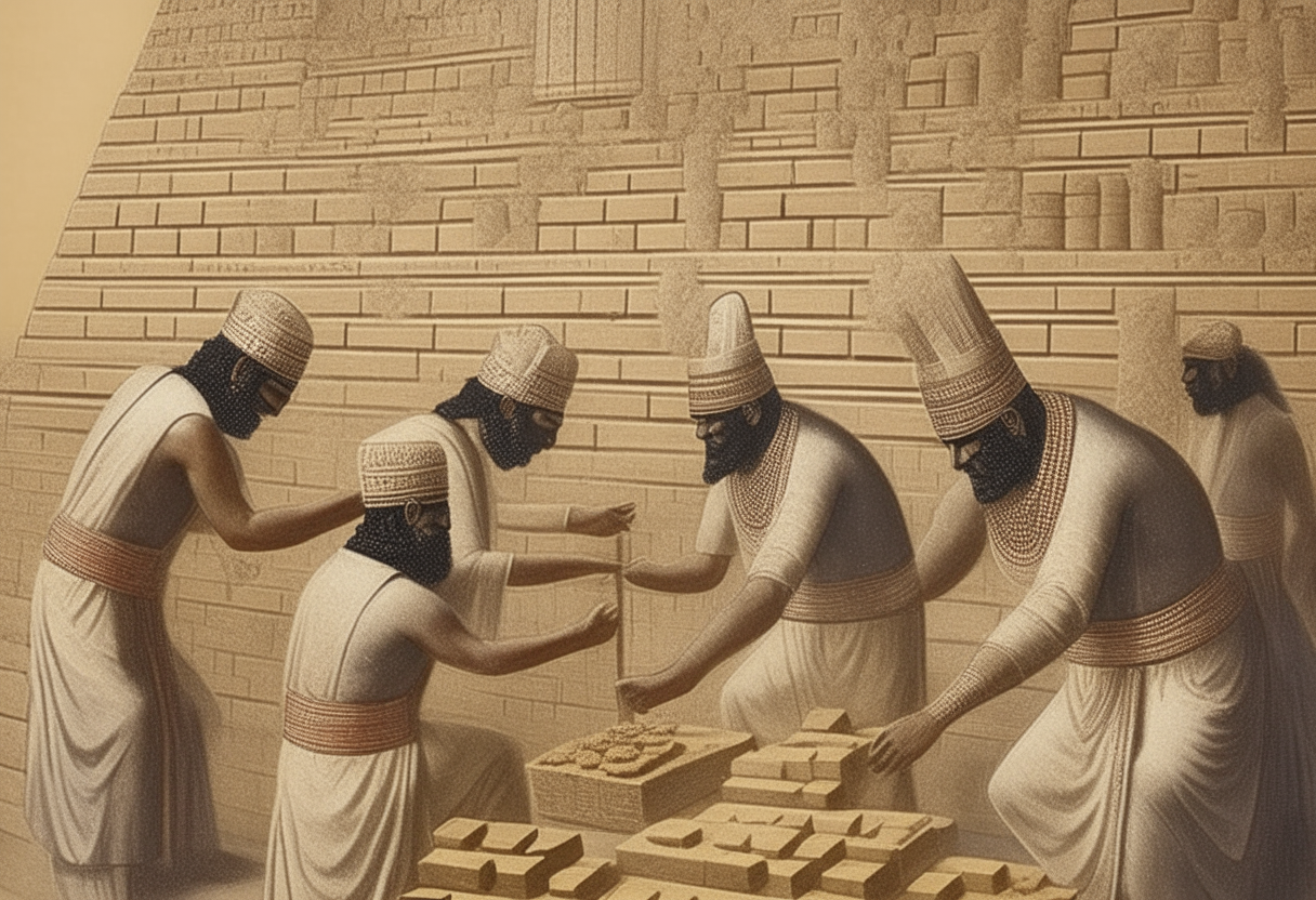 Sumerian priests making offerings before a ziggurat