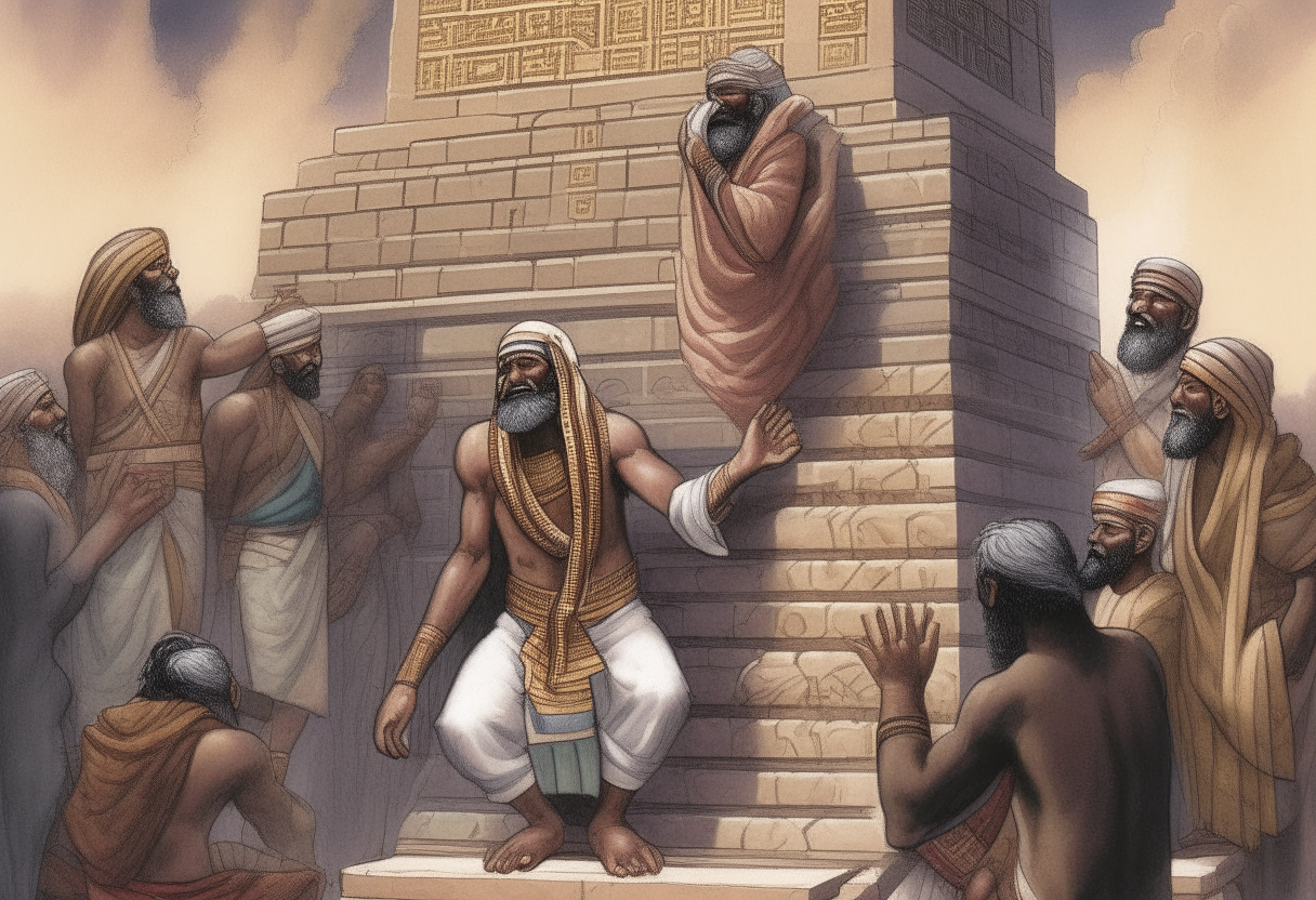 Alalu prayed to the gods before a temple ziggurat