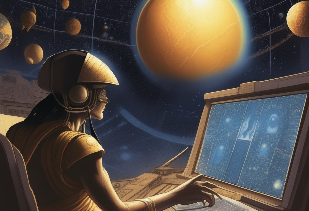 A Sumerian god piloting an advanced spaceship, looking at a screen showing a view of the planets in our solar system