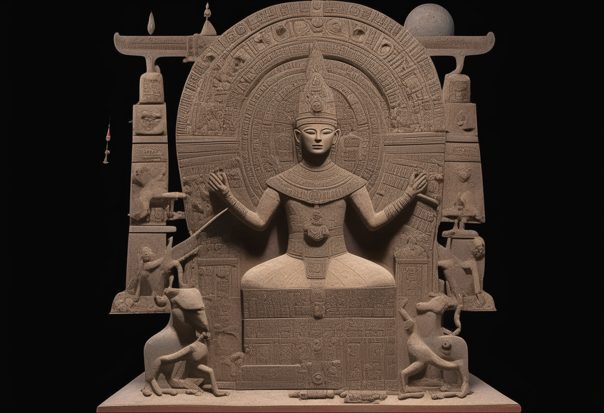 A Sumerian deity enthroned at the helm of an ornate spaceship, viewing asteroids and planets on a mystical screen