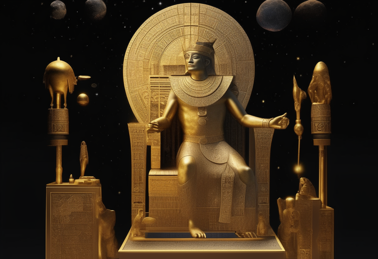 A regal Sumerian deity in an intricate golden command chair, viewing a high-resolution screen showing asteroids, planets and stars