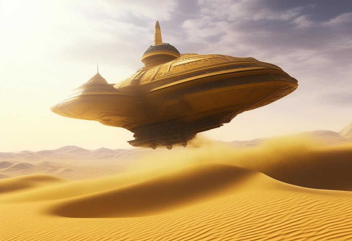 A large golden annunaki spaceship descending vertically, landing on desert sand dunes with no signs of civilization