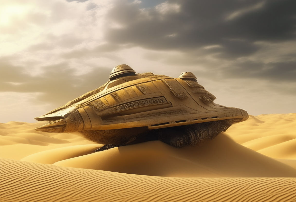 A large golden annunaki spaceship has crash landed at an angle in desert sand dunes, kicking up billowing clouds of sand