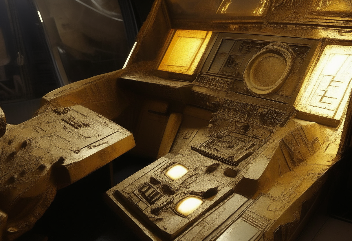 Interior view from the pilot seat of a crashed golden annunaki spaceship, showing an unconscious annunaki slumped over the control panel