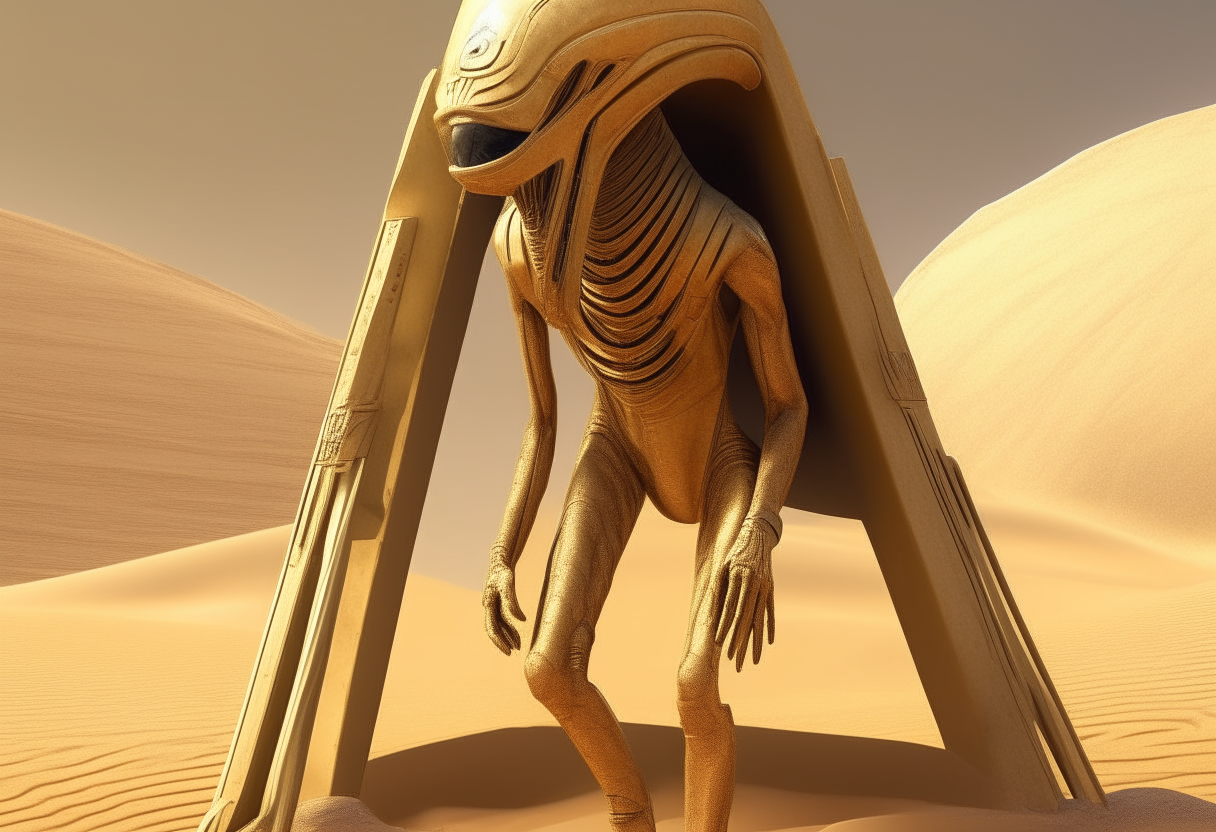 A tall annunaki alien stepping down from an open hatch of a crashed golden spaceship onto soft desert sand