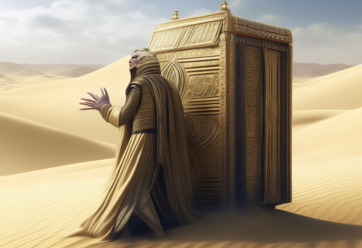 A regal Sumerian king in royal robes stepping down from an open hatch of a crashed golden spaceship onto soft desert sand dunes