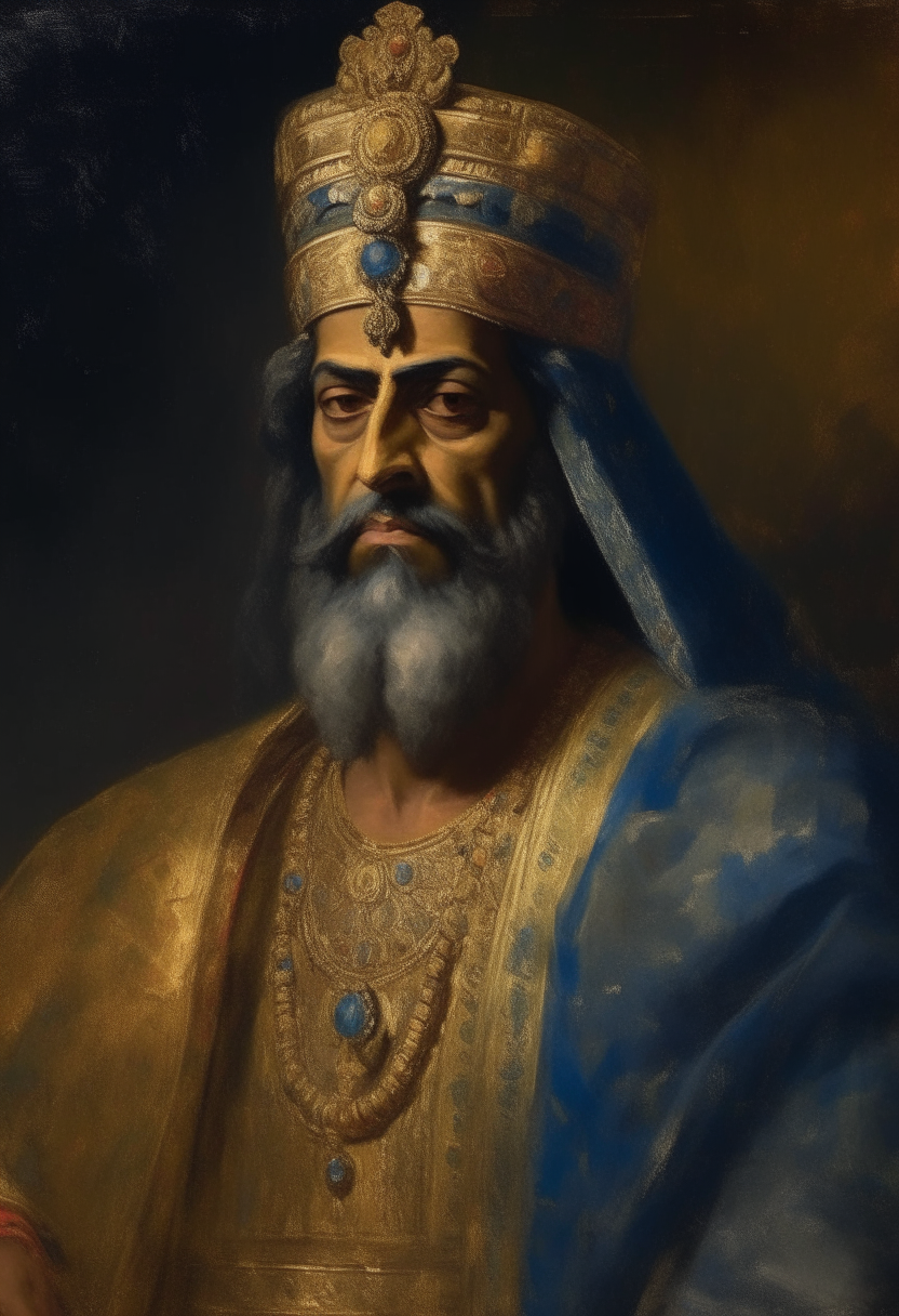 Xerxes I, a distinguished ruler of the Achaemenid Empire, wearing royal Persian robes and crown, oil painting