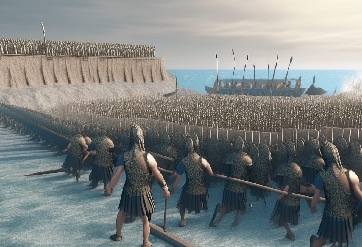 Xerxes launching an extensive campaign against Greece in 480 BC with a massive navy and army, though underestimating the Greeks, 3D rendering