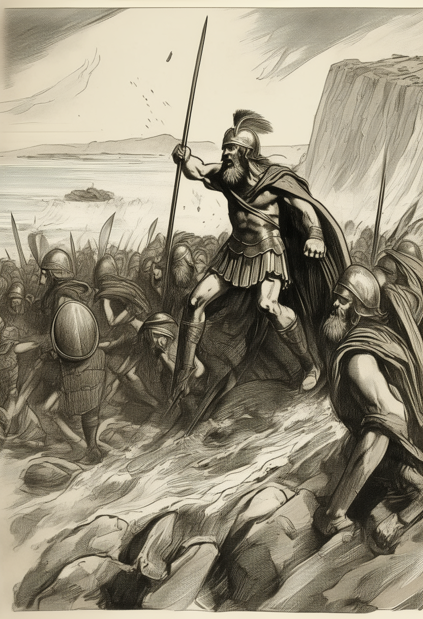 The strategic cunning of Greek leaders like Themistocles leading to Xerxes' defeat at the Battle of Salamis, ink sketch
