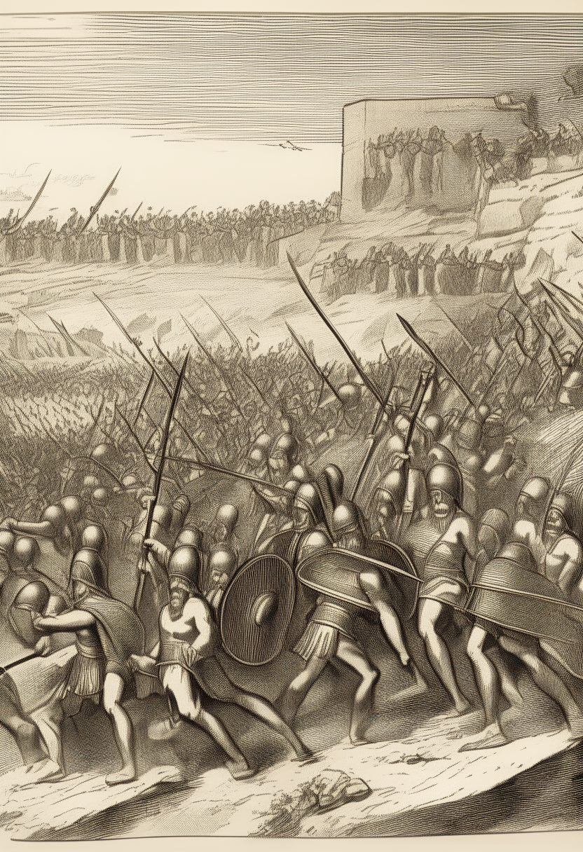 The Greeks defeating the Persians led by Mardonius with tenacity and securing victory, though Persian threats remained, ink sketch