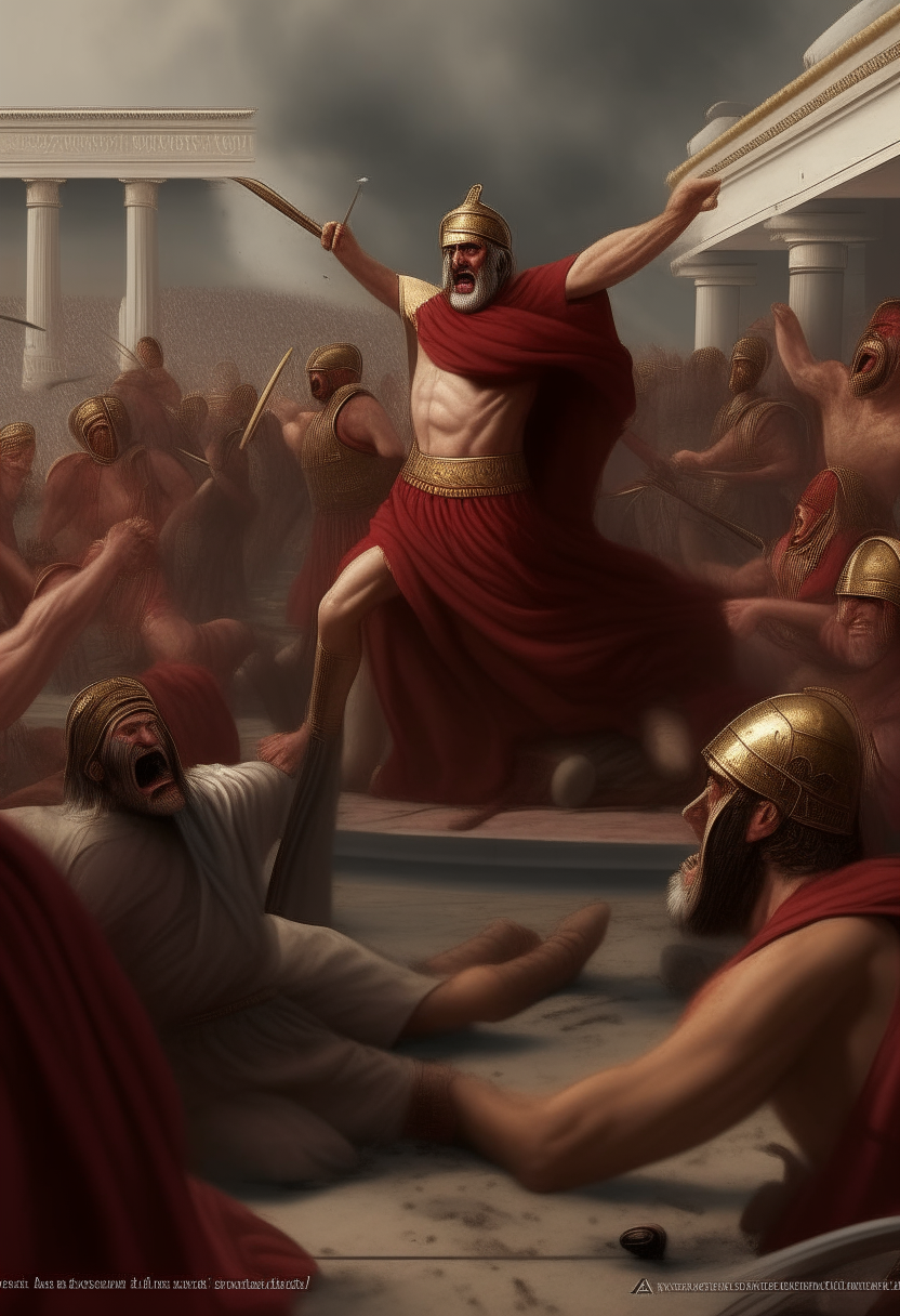 Discontent among Xerxes' subjects leading to a tumultuous political climate and his assassination in 465 BC by Artabanus, digital painting